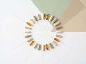 Supplementcapsules en pillen gerangschikt in cirkelpatroon op witte achtergrond met groene en beige geometrische vormen
