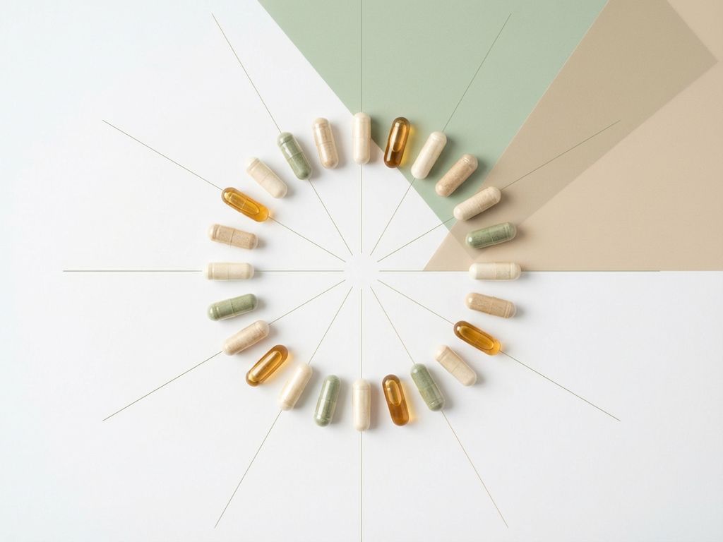 Supplementcapsules en pillen gerangschikt in cirkelpatroon op witte achtergrond met groene en beige geometrische vormen