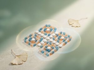 Supplementcapsules en pillen in geometrische patronen op groene naar crème gradiënt met ginkgo bladeren en energiegolven