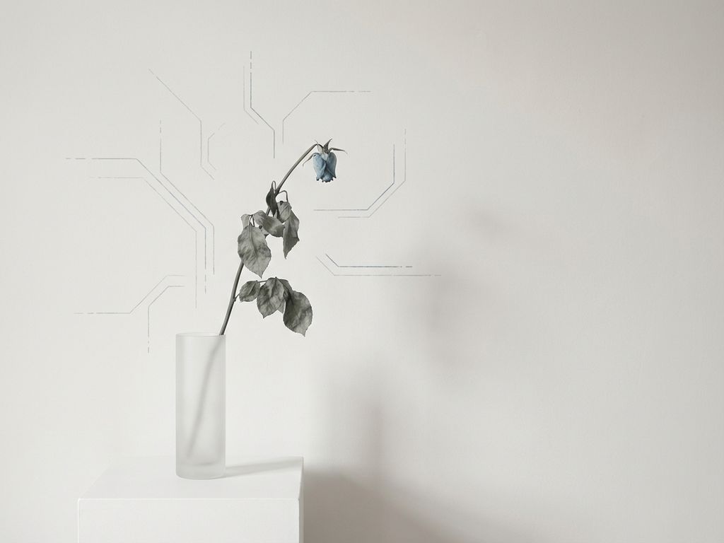 Verwelkte plant met hangende bloem op witte achtergrond, minimalistische compositie die vermoeidheid en uitputting symboliseert