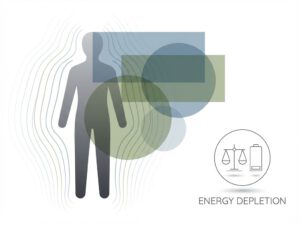 Menselijke silhouet met afnemende energielijnen en weegschaal, minimalistisch ontwerp in grijze en blauwe tinten