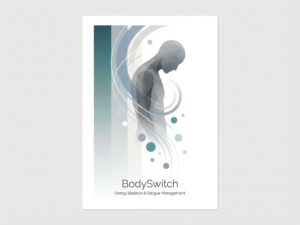 Persoon silhouet in grijs met geometrische vormen die vermoeidheid symboliseren, teal naar grijs verloop op witte achtergrond