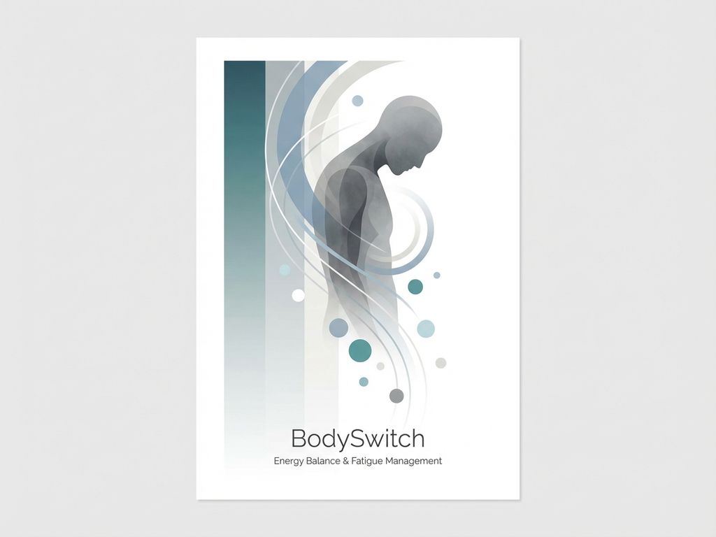 Persoon silhouet in grijs met geometrische vormen die vermoeidheid symboliseren, teal naar grijs verloop op witte achtergrond