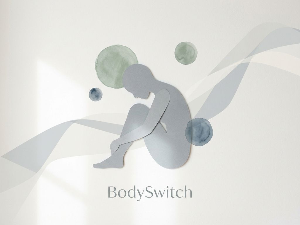 Persoon in grijstinten zittend met hoofd gebogen, omringd door abstracte cirkelvormige patronen die vermoeidheid symboliseren