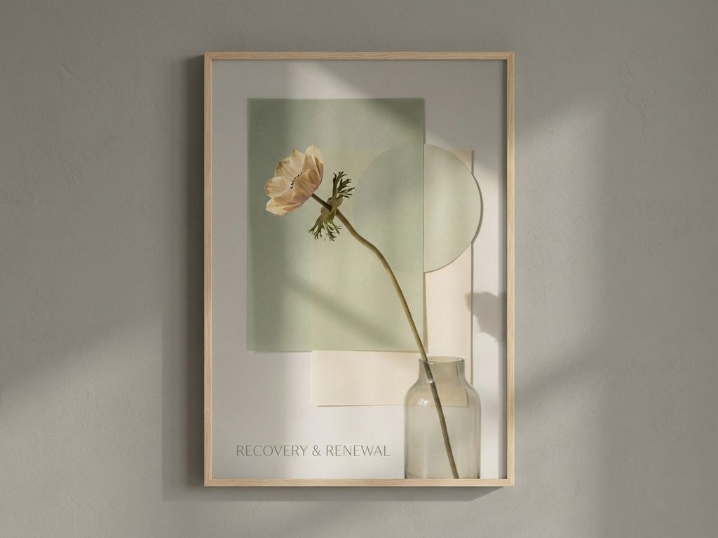 Verwelkte bloem in zachte geel- en beigetinten tegen grijze achtergrond met geometrische vormen in salie en crème