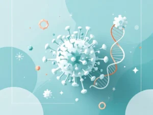 Gestileerd virusdeeltje in zachte blauwgroene tinten met DNA-helix elementen op schone medische illustratie achtergrond