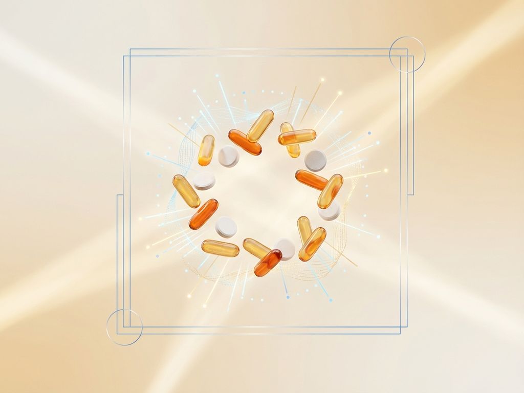 Zwevende vitaminesupplementen in amber en oranje tinten met geometrische energiesymbolen op schone gradiëntachtergrond