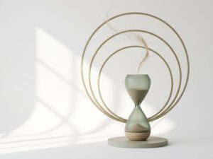 Zandloper met zwevende zandkorrels in zachte saliegroen en beige tinten, omringd door gouden cirkels op witte achtergrond