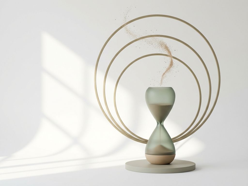 Zandloper met zwevende zandkorrels in zachte saliegroen en beige tinten, omringd door gouden cirkels op witte achtergrond