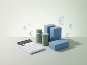 Witte rekenmachine naast medicijnflesjes en supplementverpakkingen met zwevende eurosymbolen voor zorgkosten berekening