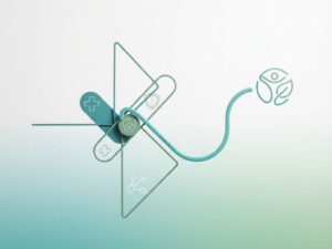 Geometrische gezondheidszorg iconen in teal en groen op witte achtergrond met besluitvormingsroute naar wellness symbool