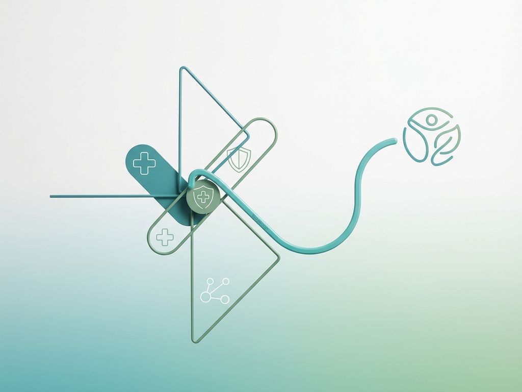 Geometrische gezondheidszorg iconen in teal en groen op witte achtergrond met besluitvormingsroute naar wellness symbool