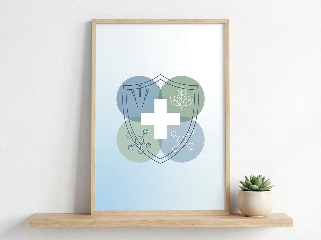 Medische kruisen en welzijnspictogrammen in zachte blauwtinten met verzekeringsschildsymbool op witte achtergrond