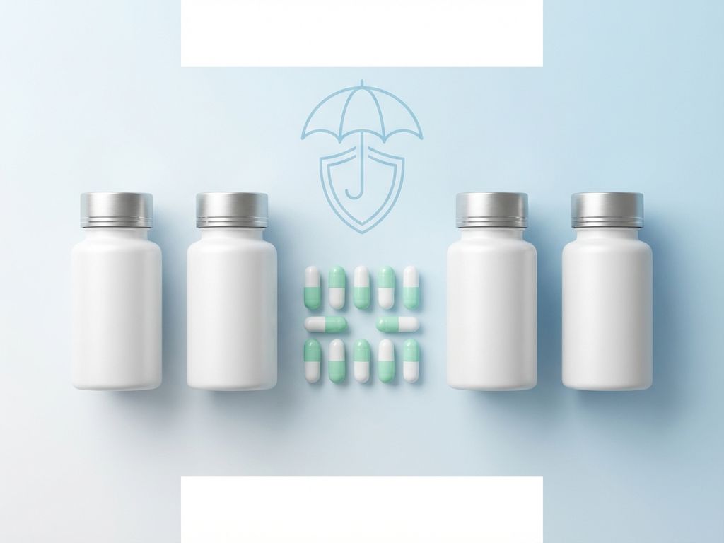 Minimalistische gezondheidsverzekering illustratie met pillen, flesjes en beschermend schild symbool in blauwtinten