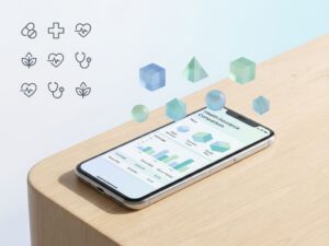 Smartphone toont digitale zorgverzekering vergelijking interface met grafieken, omringd door medische iconen en geometrische vormen