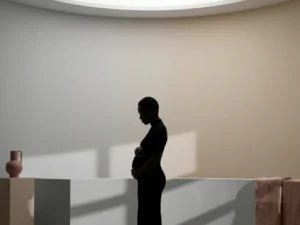 Silhouet van persoon die torso beschermend vasthoudt tegen zachte grijze naar beige verlopende achtergrond