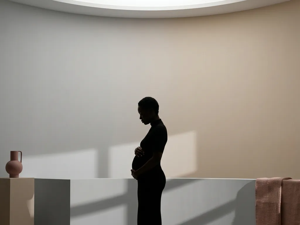 Silhouet van persoon die torso beschermend vasthoudt tegen zachte grijze naar beige verlopende achtergrond