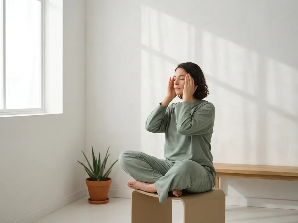 Persoon zit rustig in minimalistische witte ruimte en houdt zachtjes slapen vast, geometrische schaduwen op muur