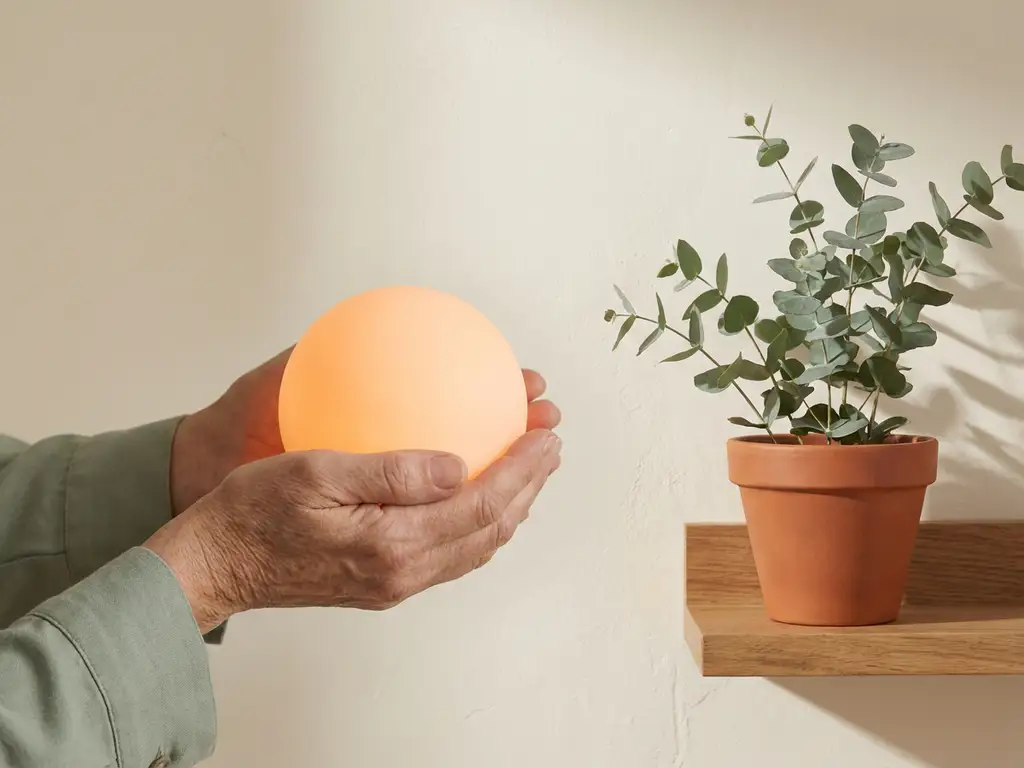 Zachte handen koesteren warm gloeiend licht met eucalyptusplant op crème achtergrond, symboliseert natuurlijke genezing