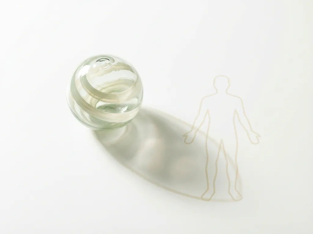 Glazen bol met vloeiende gedachtenlinten naast menselijke silhouet op witte ondergrond, zachte schaduwen in salie groen en crème tinten
