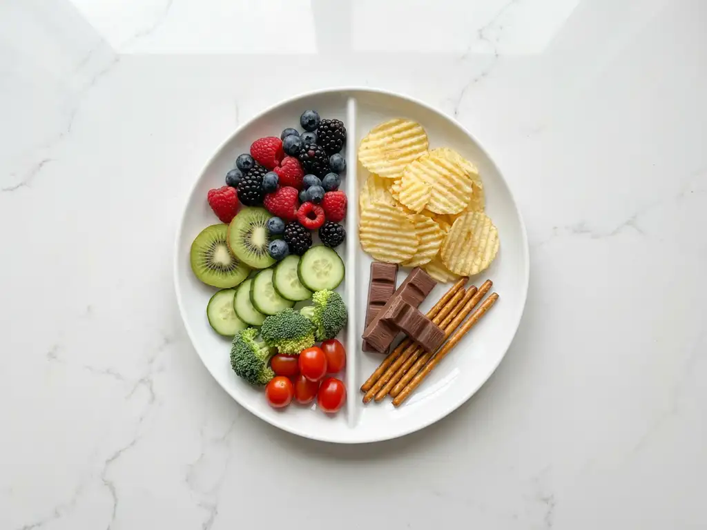 Witte keramische bord verdeeld in twee helften met verse groenten en fruit tegenover bewerkte voedingsmiddelen op marmeren aanrecht