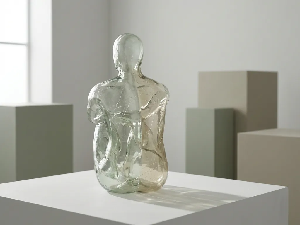 Glazen menselijke silhouet met stressscheuren in de torso, zittend in contemplatieve houding op witte ondergrond