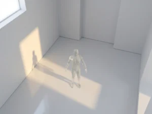 Glazen menselijke silhouet met barsten staat in minimalistische witte ruimte met gouden lichtstraal