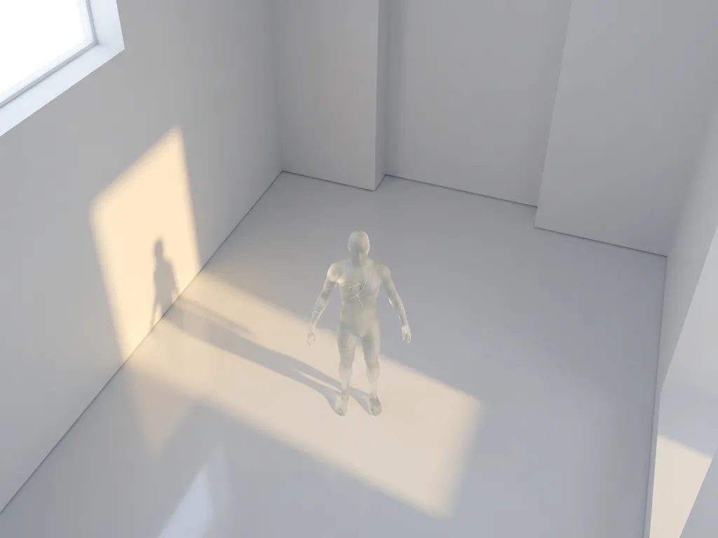Glazen menselijke silhouet met barsten staat in minimalistische witte ruimte met gouden lichtstraal