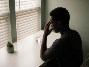 Persoon in silhouet raakt slaap aan terwijl zittend aan wit bureau met glas water en vetplant in natuurlijk licht
