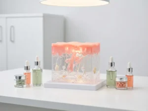 Anatomisch huidlagenmodel met gemarkeerde epidermis in koraalroze op witte medische tafel, omringd door glazen flesjes