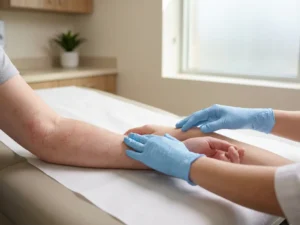 Dokter onderzoekt twee onderarmen naast elkaar op witte onderzoektafel, één arm toont rode huidvlekken