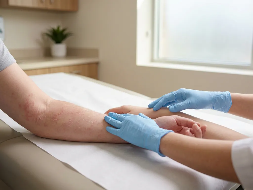 Dokter onderzoekt twee onderarmen naast elkaar op witte onderzoektafel, één arm toont rode huidvlekken
