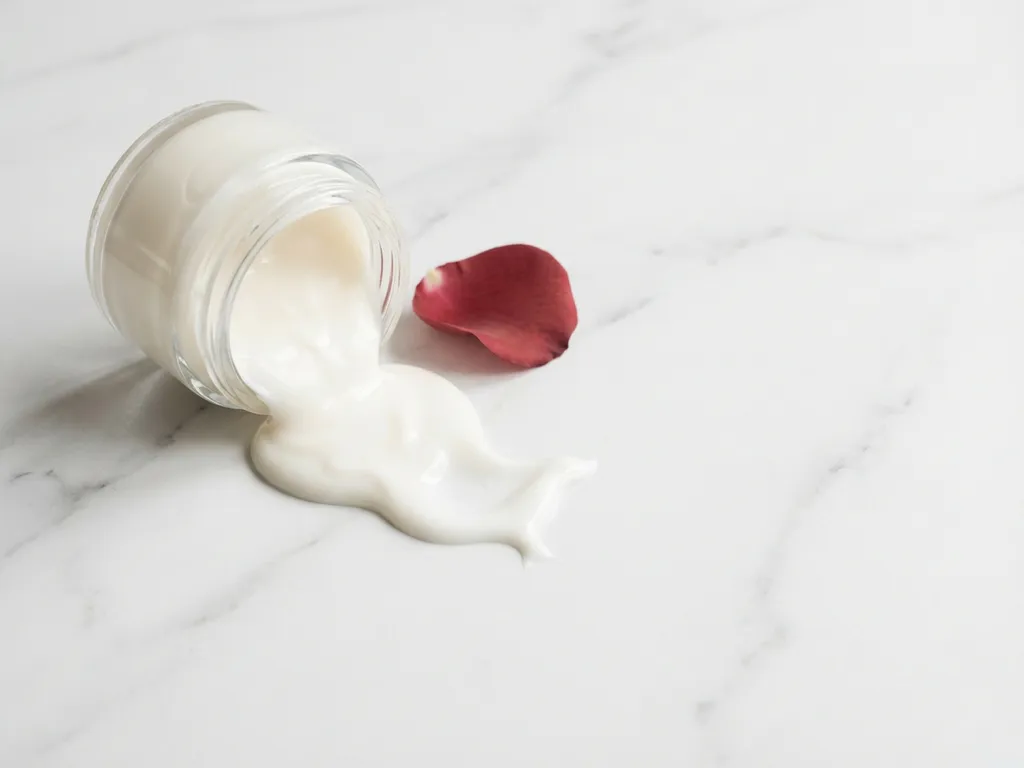 Glazen potje huidcrème gekanteld op wit marmer met gemorste crème en rood rozenblaadје, zachte natuurlijke belichting