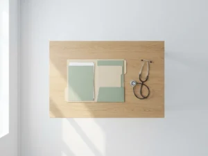 Houten consultatietafel met open medisch dossier, stethoscoop en georganiseerde gezondheidsdocumenten in natuurlijk licht