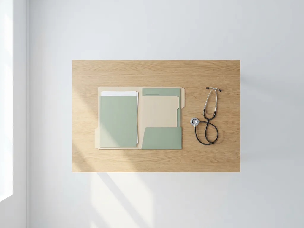 Houten consultatietafel met open medisch dossier, stethoscoop en georganiseerde gezondheidsdocumenten in natuurlijk licht