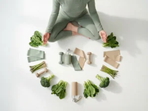 Persoon in meditatiehouding omringd door verse groenten, waterfles en sportuitrusting in minimalistische flatlay compositie