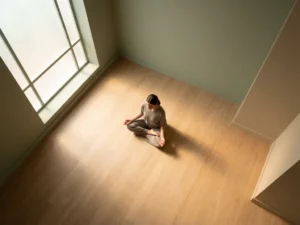 Persoon in lotushouding op houten vloer in minimalistische ruimte met natuurlijk licht door groot raam