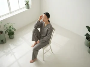 Persoon zit met gesloten ogen op witte stoel, hand op slaap in vredige houding, minimalistische kamer met natuurlijk licht
