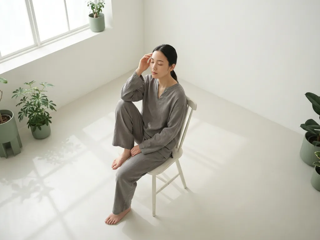 Persoon zit met gesloten ogen op witte stoel, hand op slaap in vredige houding, minimalistische kamer met natuurlijk licht