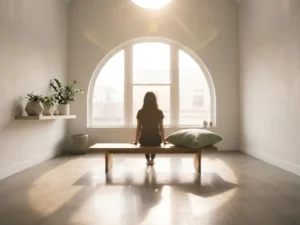 Persoon zit rustig in lichte kamer met grote ramen, natuurlijk licht en minimalistisch interieur in zachte tinten
