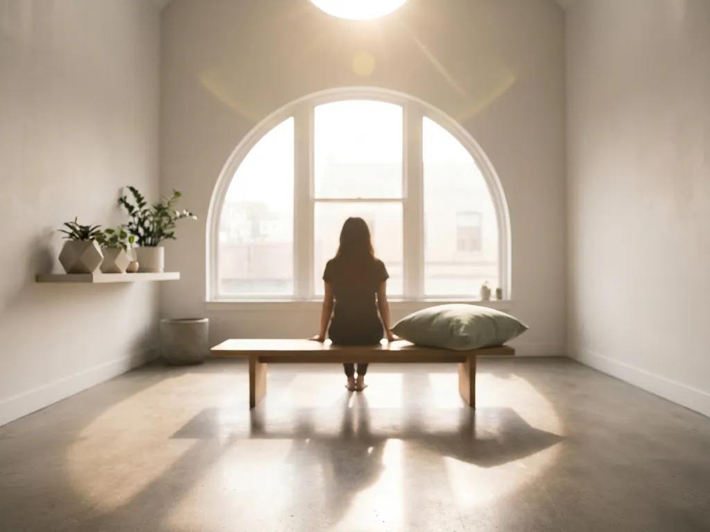 Persoon zit rustig in lichte kamer met grote ramen, natuurlijk licht en minimalistisch interieur in zachte tinten