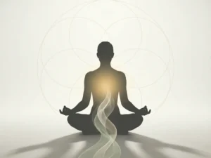 Menselijke silhouet in meditatiehouding met gouden licht uit de borst en vloeiende golven naar maagstreek op witte achtergrond