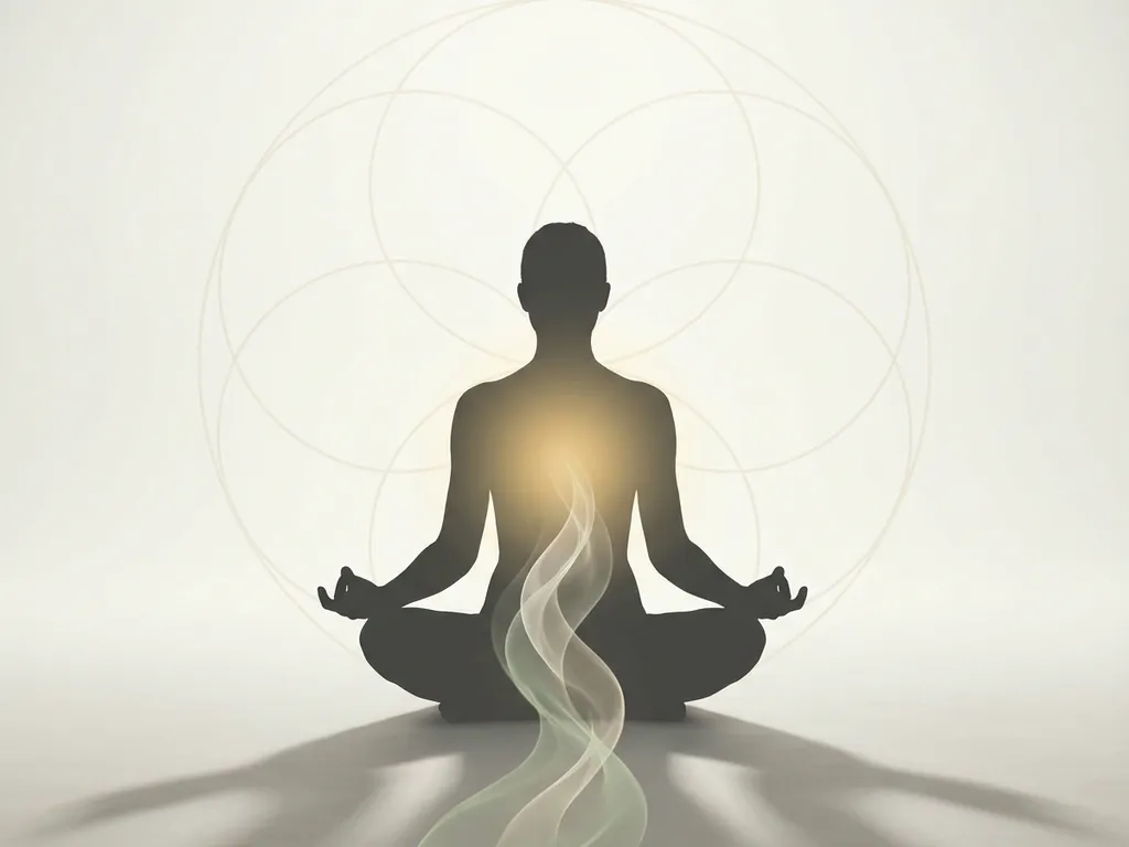 Menselijke silhouet in meditatiehouding met gouden licht uit de borst en vloeiende golven naar maagstreek op witte achtergrond