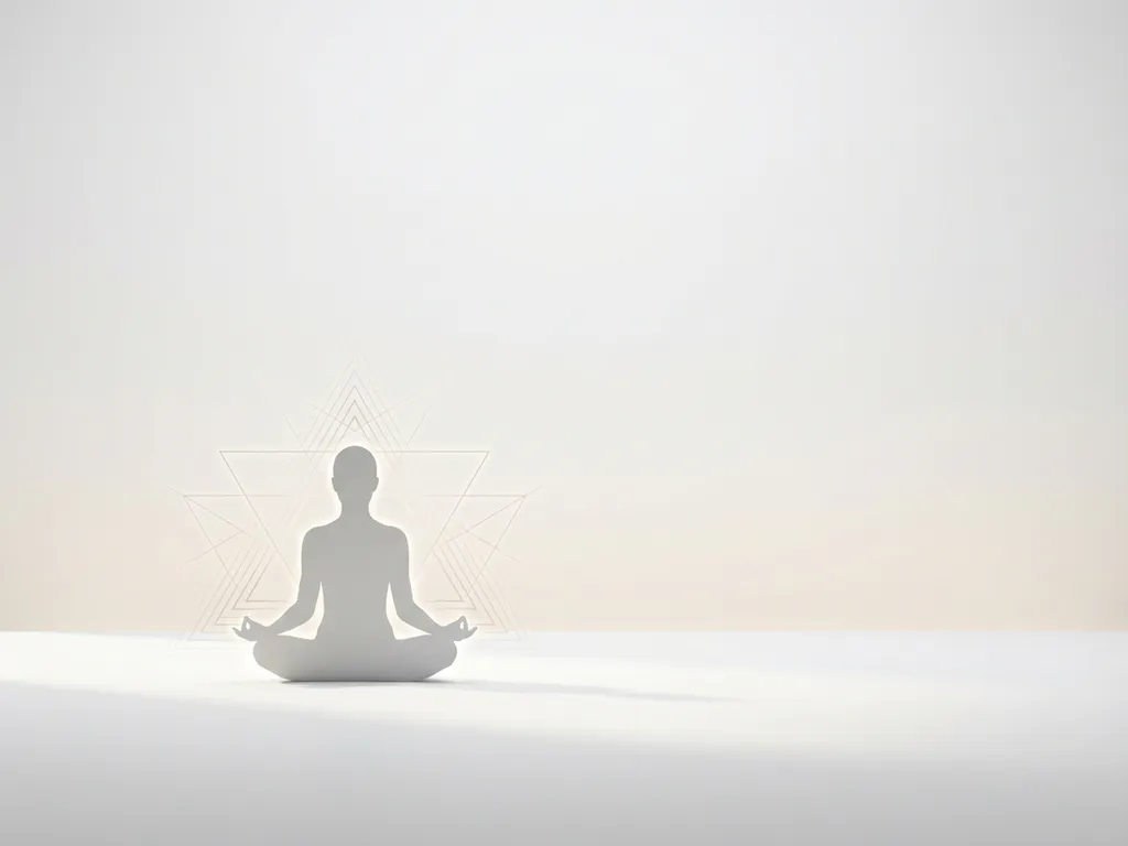 Persoon in meditatiehouding met grijze silhouet en uitstralende stresslijnen op minimalistische beige achtergrond
