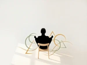 Persoon in meditatie op houten stoel omringd door zwevende geometrische vormen in zachte groene en beige tinten