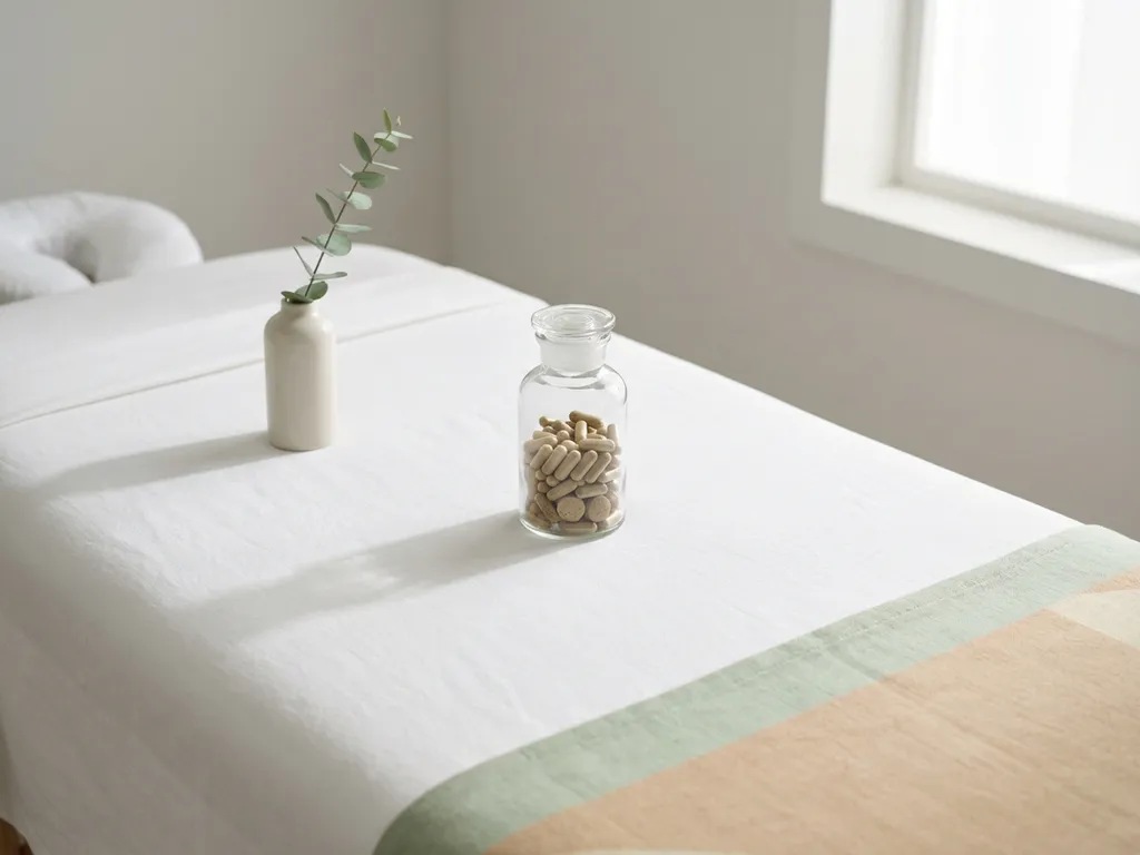 Glazen medicijnfles met natuurlijke supplementen op witte onderzoekstafel in klinische omgeving met plantaccent