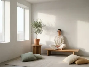 Persoon zit rustig in lichte kamer met grote ramen, natuurlijk licht, minimalistisch meubilair en potplant op houten tafel