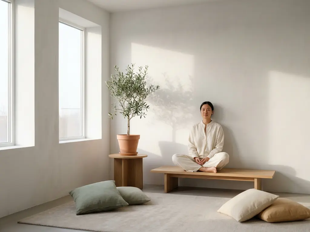 Persoon zit rustig in lichte kamer met grote ramen, natuurlijk licht, minimalistisch meubilair en potplant op houten tafel