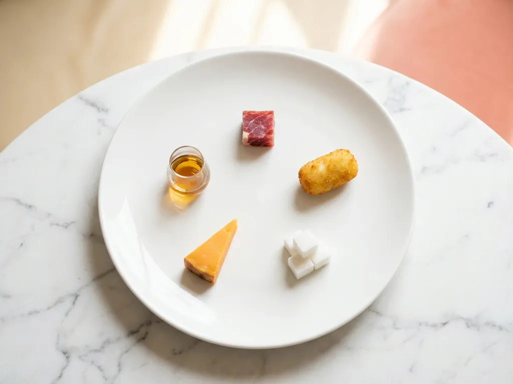 Witte keramische bord met vijf ontstekingsbevorderende voedingsmiddelen - vlees, gefrituurde snack, suikerklontjes, kaas en alcohol op marmeren oppervlak