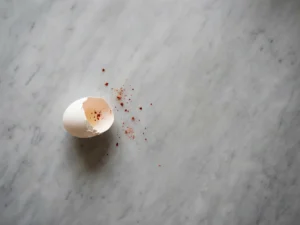 Gebarsten wit eierschaal op marmeren oppervlak met verspreide rode paprikavlokken, bovenaanzicht met zachte schaduwen